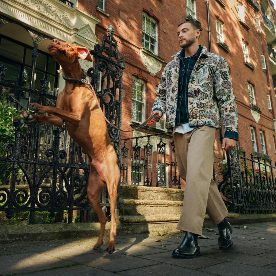 Man in tapestry coat walking a dog in autumn