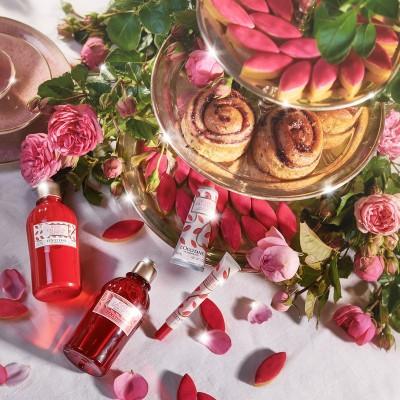 Pink roses, pastries and L'occitane products