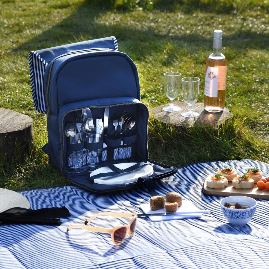 Picnic backpack set up with wine and glasses